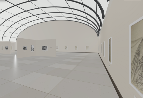 Vorschau der 3D-Galerie Raum 3: lichtdurchflutete Glashalle mit Stahl-Glasdach und Werken von Hans-Peter Röder