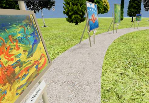 Vorschau der 3D-Galerie Raum 4: sonnige Waldlichtung mit Werken von Hans-Peter Röder auf Staffeleien im Freien